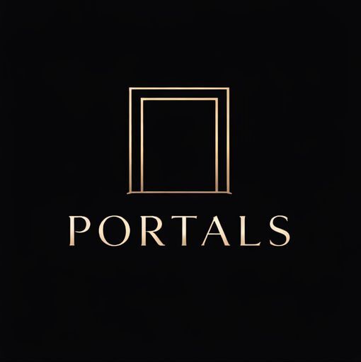 Black background with the name "PORTALS" with an abstract icon of a portal or door